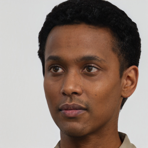 Neutral black young-adult male with short  black hair and brown eyes