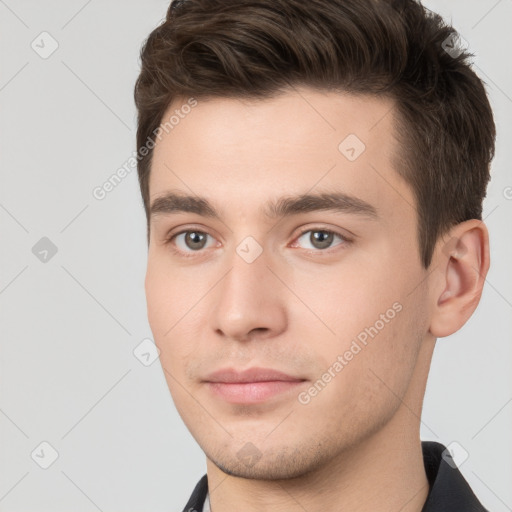 Neutral white young-adult male with short  brown hair and brown eyes