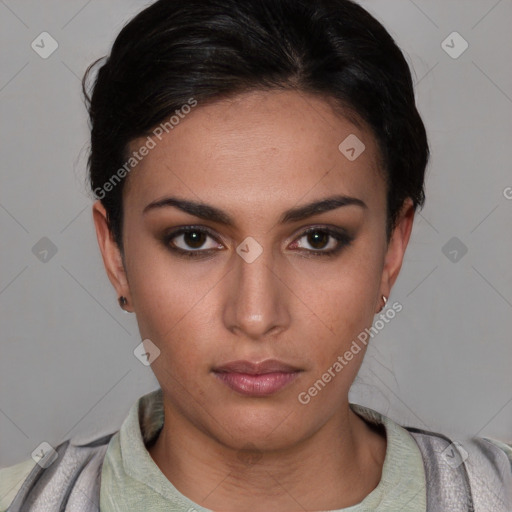 Neutral latino young-adult female with short  brown hair and brown eyes