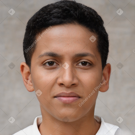 Joyful latino young-adult male with short  brown hair and brown eyes