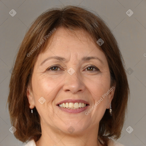 Joyful white adult female with medium  brown hair and brown eyes