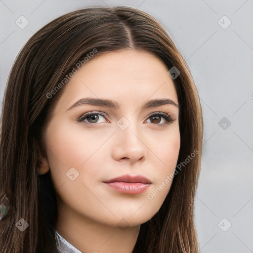 Neutral white young-adult female with long  brown hair and brown eyes