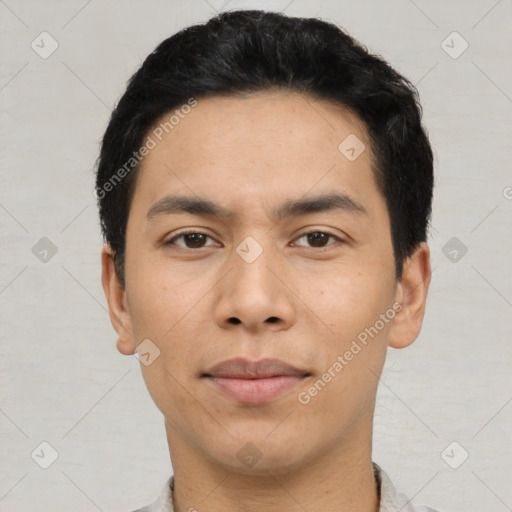 Neutral asian young-adult male with short  black hair and brown eyes