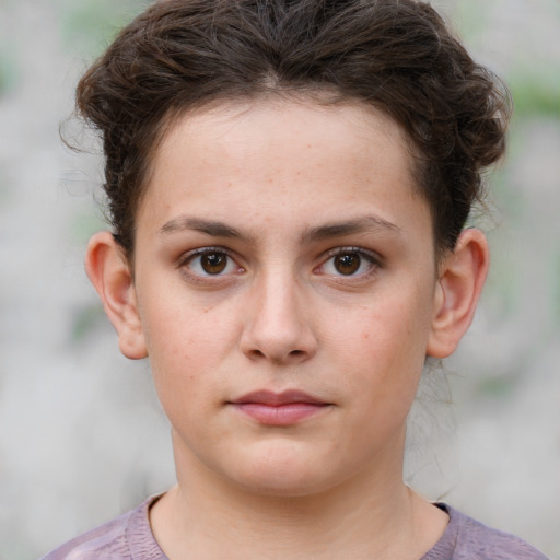 Neutral white young-adult female with short  brown hair and brown eyes