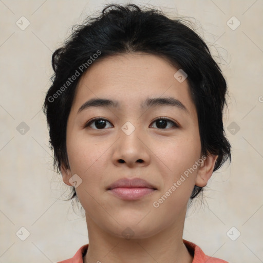 Neutral asian young-adult female with medium  brown hair and brown eyes