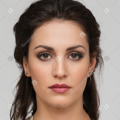 Neutral white young-adult female with long  brown hair and brown eyes