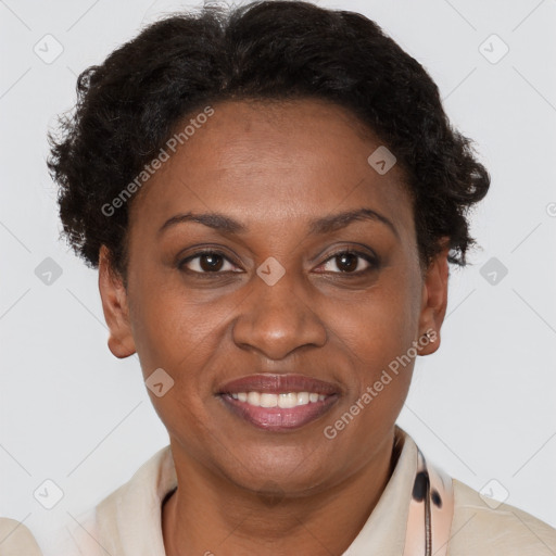 Joyful black adult female with short  brown hair and brown eyes