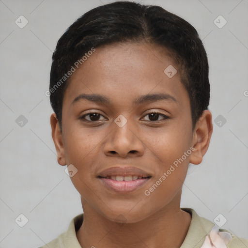 Joyful black young-adult female with short  brown hair and brown eyes