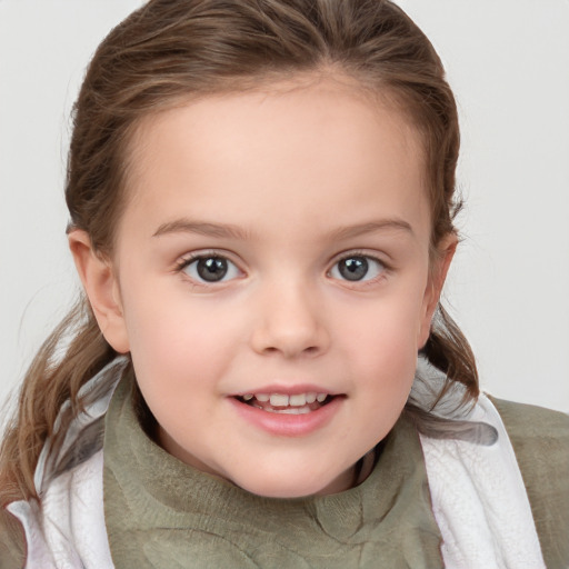 Joyful white child female with medium  brown hair and blue eyes