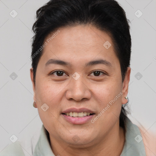 Joyful white adult female with short  brown hair and brown eyes