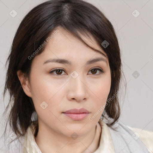 Neutral white young-adult female with medium  brown hair and brown eyes