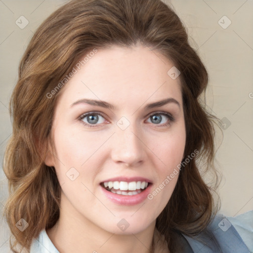 Joyful white young-adult female with medium  brown hair and green eyes