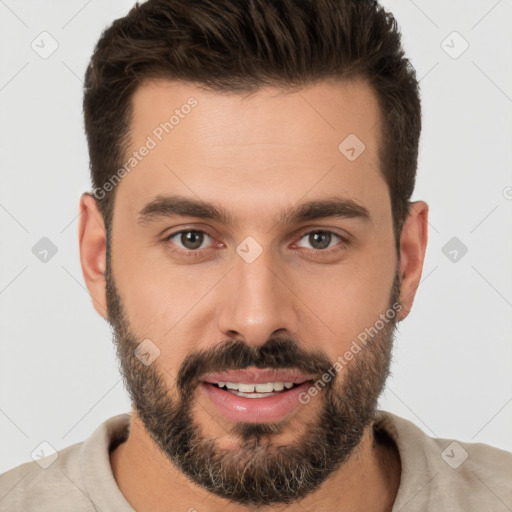 Joyful white young-adult male with short  brown hair and brown eyes