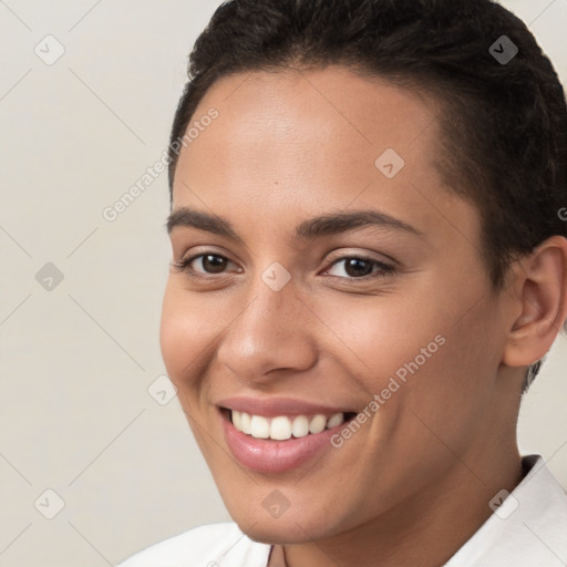 Joyful white young-adult female with short  brown hair and brown eyes