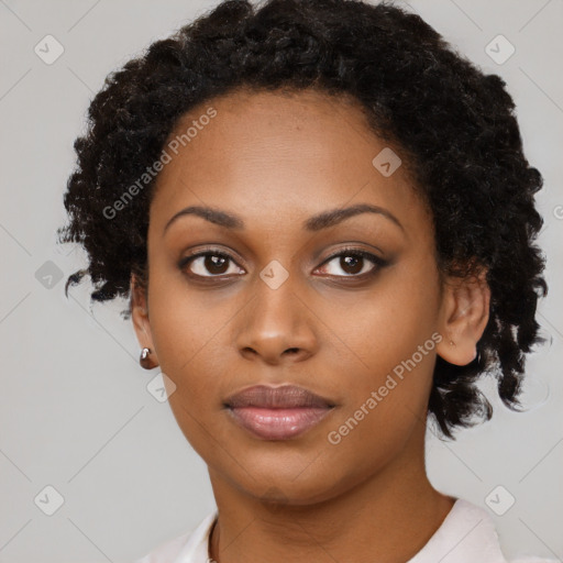 Neutral black young-adult female with short  black hair and brown eyes