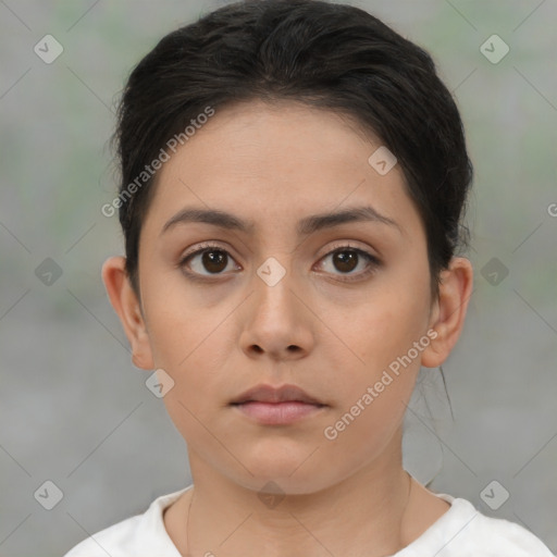 Neutral white young-adult female with short  brown hair and brown eyes