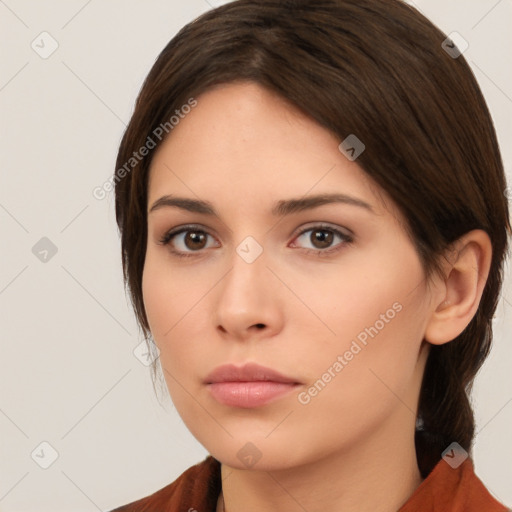 Neutral white young-adult female with medium  brown hair and brown eyes