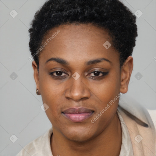 Joyful black young-adult female with short  black hair and brown eyes