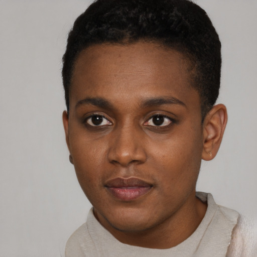 Neutral black young-adult male with short  black hair and brown eyes