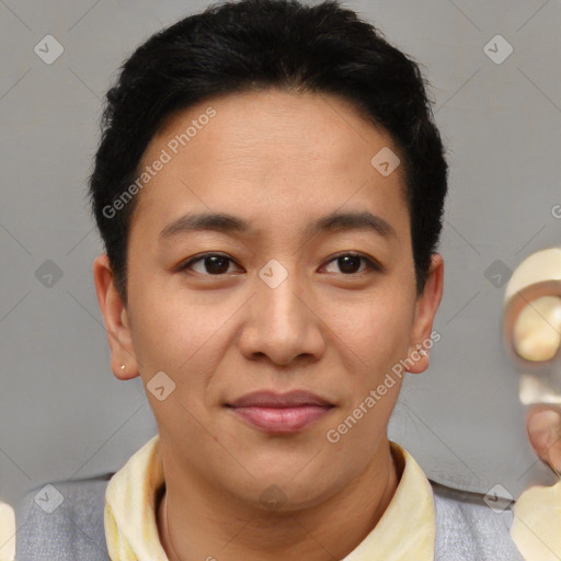 Joyful latino young-adult male with short  brown hair and brown eyes