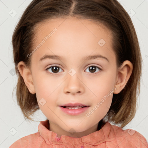 Joyful white child female with medium  brown hair and brown eyes