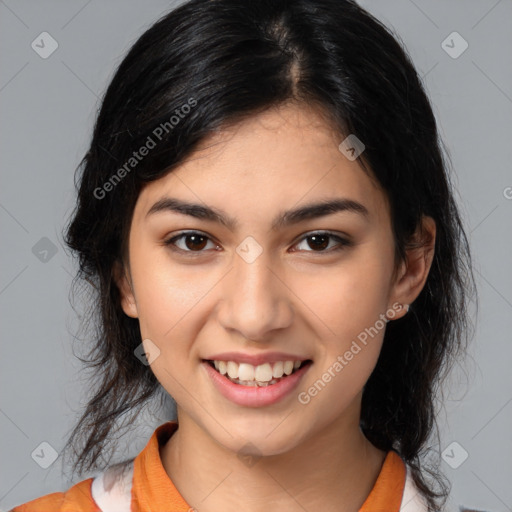 Joyful latino young-adult female with medium  black hair and brown eyes