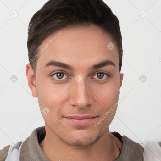 Neutral white young-adult male with short  brown hair and brown eyes