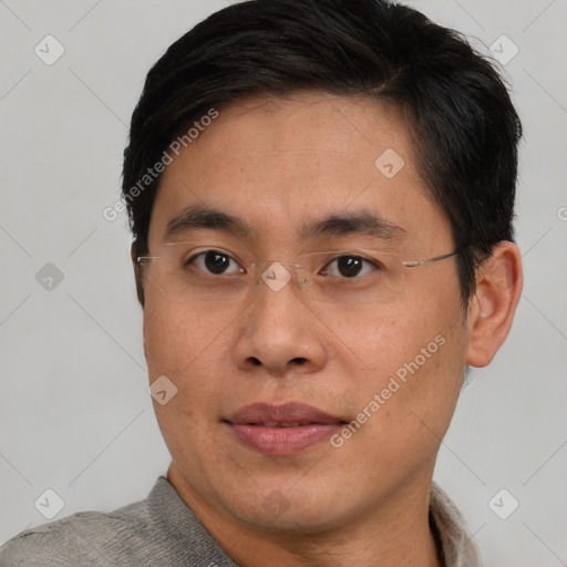 Neutral asian young-adult male with short  brown hair and brown eyes