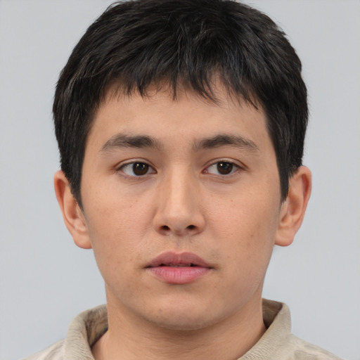 Neutral asian young-adult male with short  brown hair and brown eyes