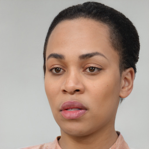 Neutral asian young-adult female with short  brown hair and brown eyes