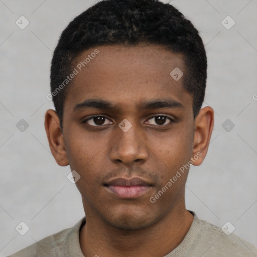 Neutral black young-adult male with short  black hair and brown eyes