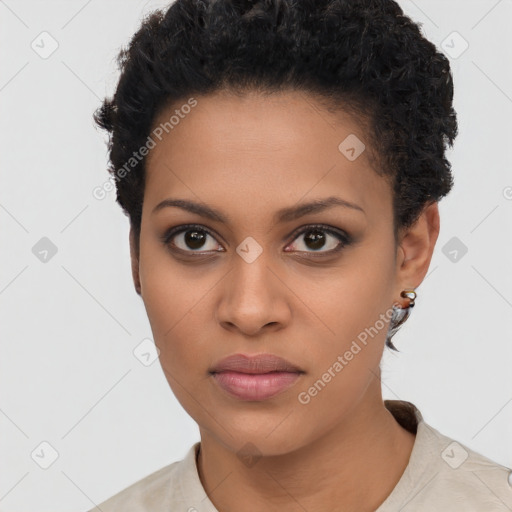 Neutral latino young-adult female with short  black hair and brown eyes