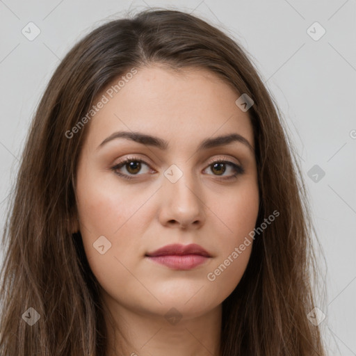 Neutral white young-adult female with long  brown hair and brown eyes