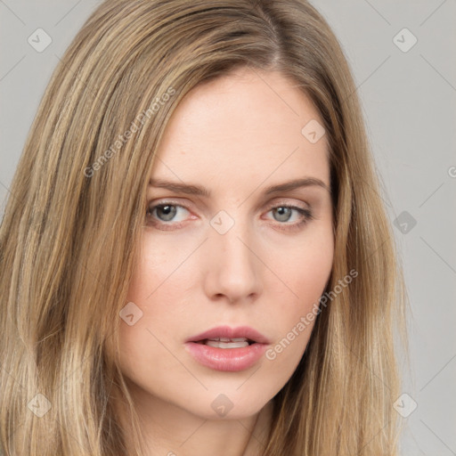 Neutral white young-adult female with long  brown hair and grey eyes