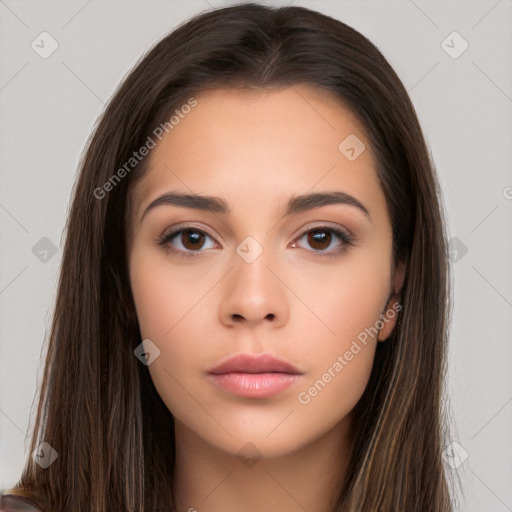 Neutral white young-adult female with long  brown hair and brown eyes