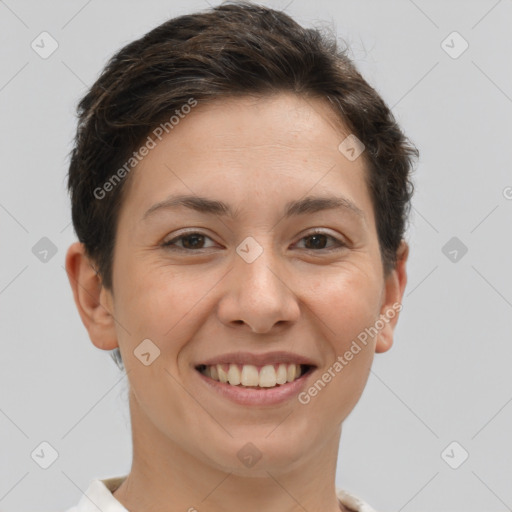 Joyful white young-adult female with short  brown hair and brown eyes