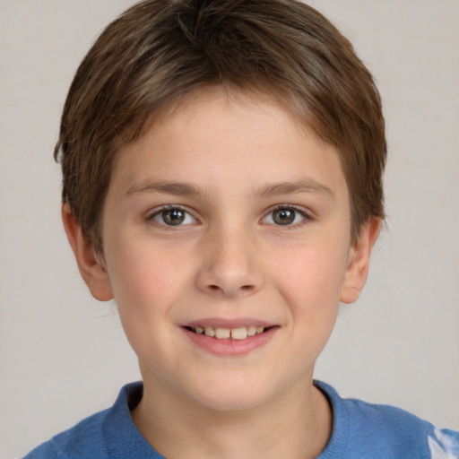 Joyful white child female with short  brown hair and brown eyes