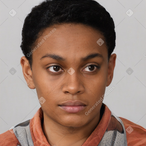 Neutral black young-adult female with short  black hair and brown eyes