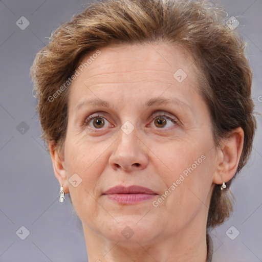 Joyful white adult female with short  brown hair and brown eyes