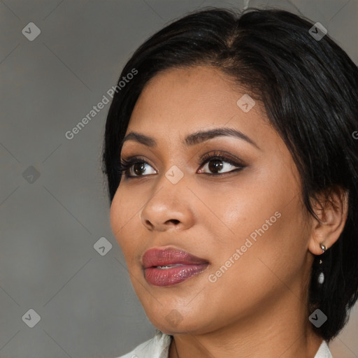 Joyful latino young-adult female with medium  black hair and brown eyes