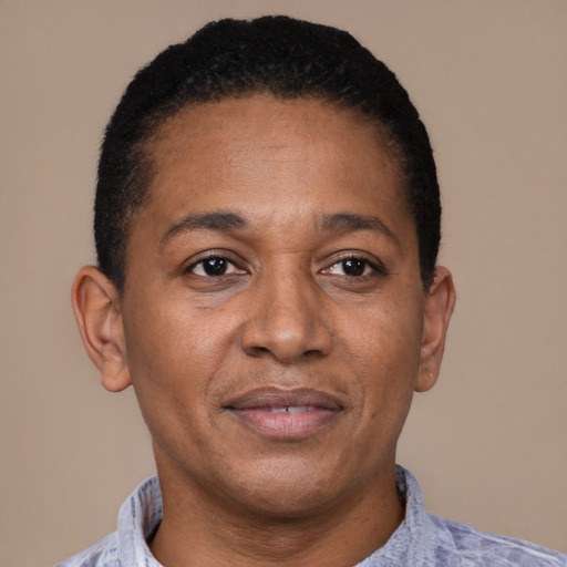 Joyful latino adult male with short  black hair and brown eyes