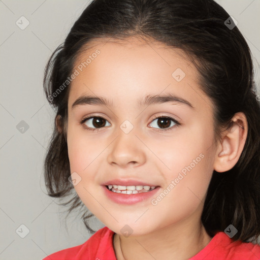 Joyful white child female with medium  brown hair and brown eyes