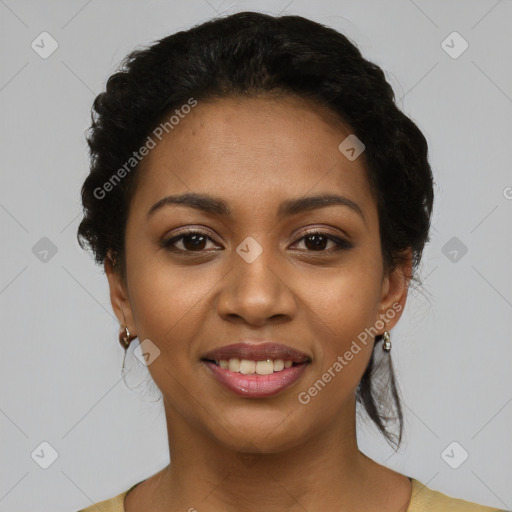 Joyful latino young-adult female with short  black hair and brown eyes