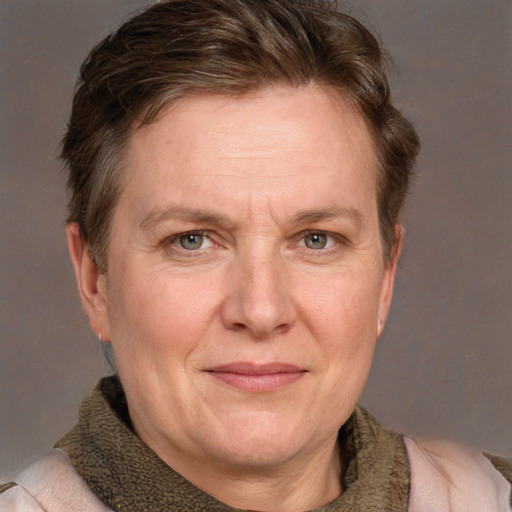 Joyful white adult female with short  brown hair and blue eyes