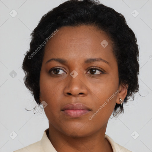 Neutral black young-adult female with medium  brown hair and brown eyes