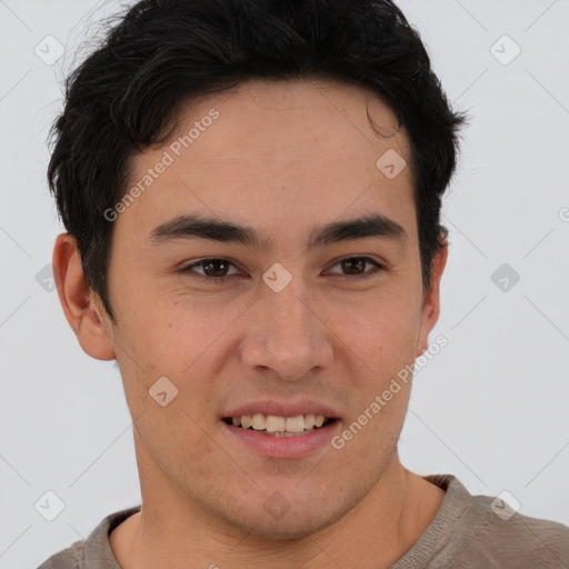 Joyful latino young-adult male with short  brown hair and brown eyes