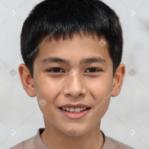 Joyful white child male with short  brown hair and brown eyes
