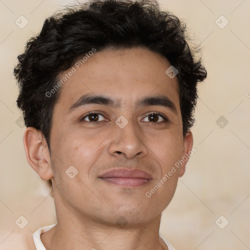 Joyful latino young-adult male with short  brown hair and brown eyes