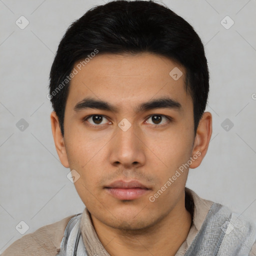 Neutral asian young-adult male with short  black hair and brown eyes