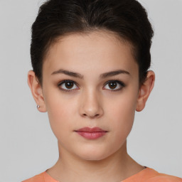 Neutral white young-adult female with short  brown hair and brown eyes